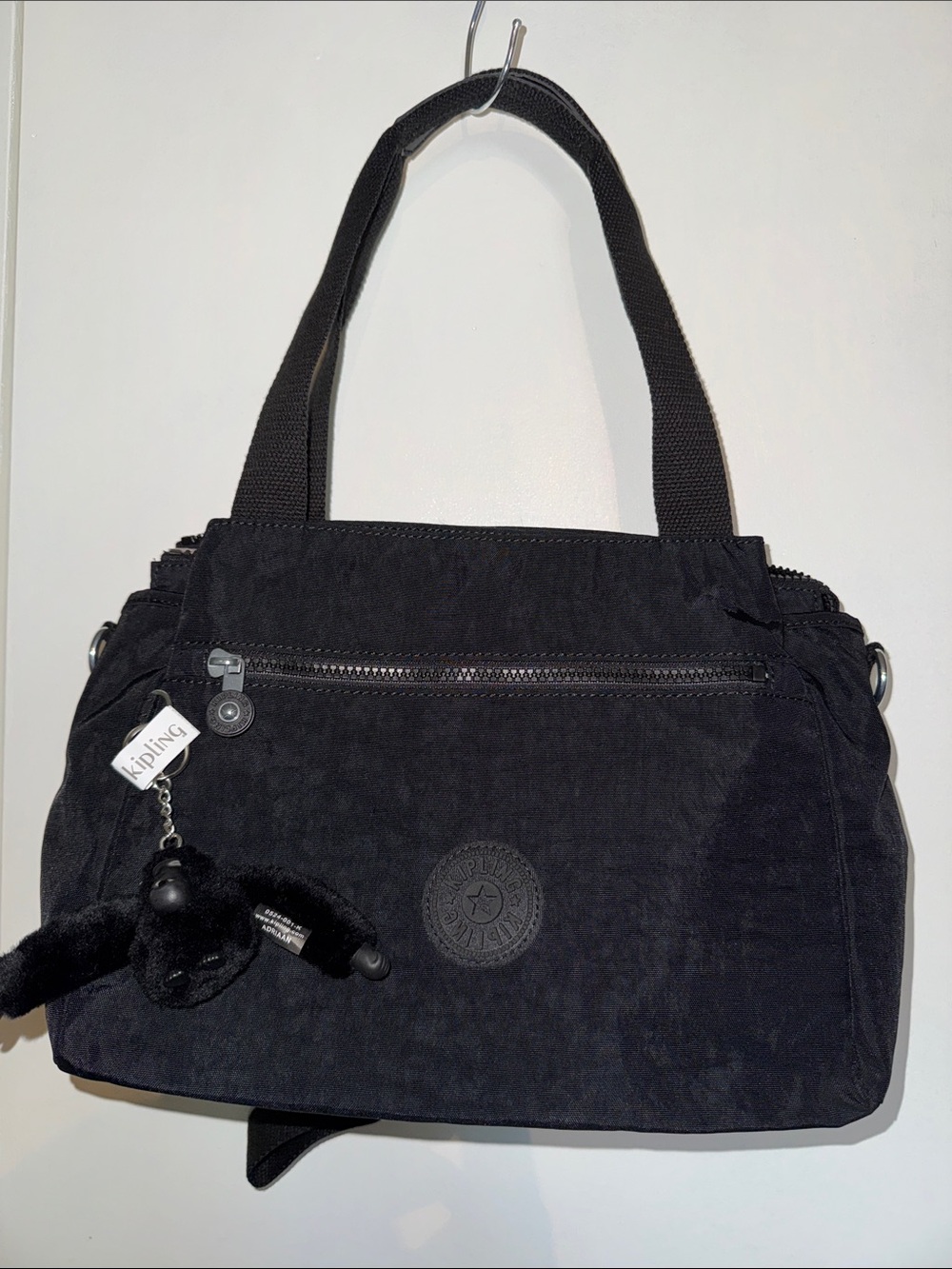 Kipling Black Shoulder Tote with Monkey Charm